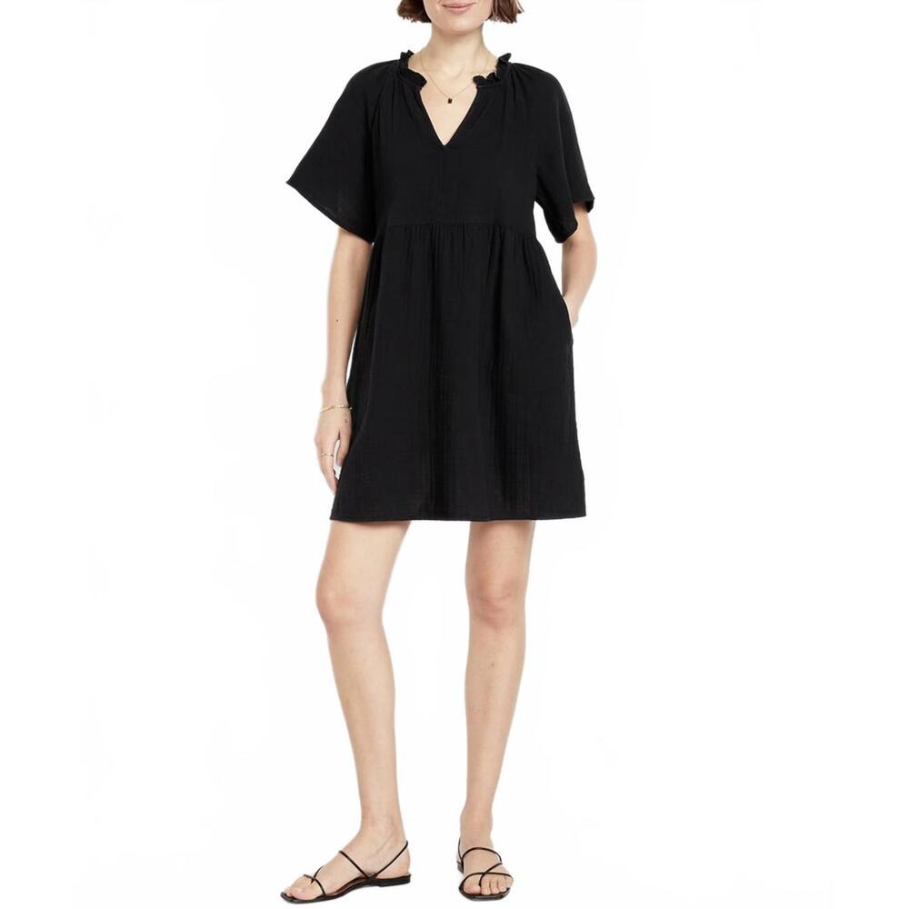Split-Neck Crinkle Gauze Mini Swing Dress Old Navy Black Jack NWT XS Tall